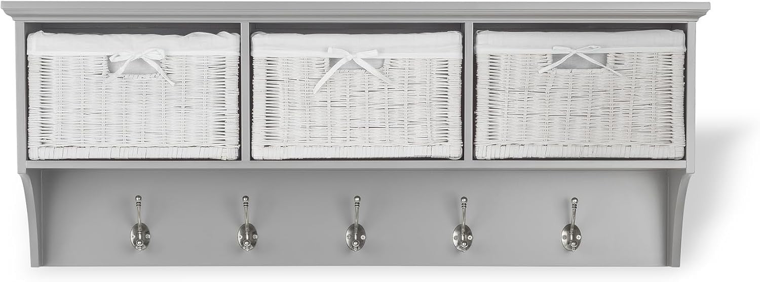 Dove Grey Wall Mounted Coat Rack 3 Wicker Baskets 5 Hooks Hallway Shelf