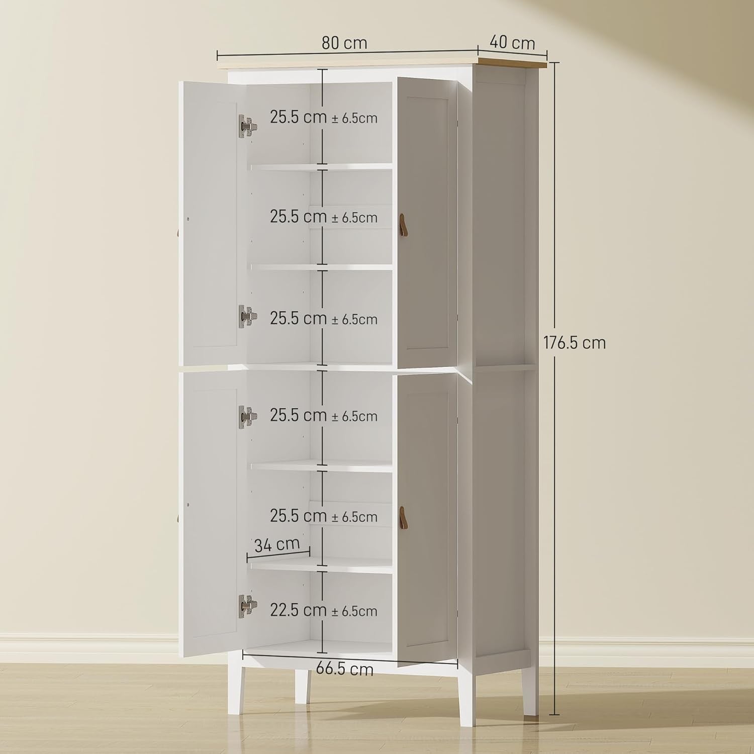 Tall White Kitchen Cupboard Cabinet LED Light 177cm Storage Unit Shelves