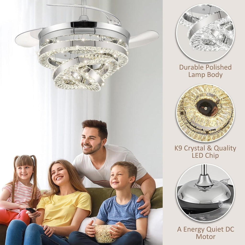 42" Crystal Ceiling Fan, 6 Speeds, Dimmable LED, Remote, Reversible