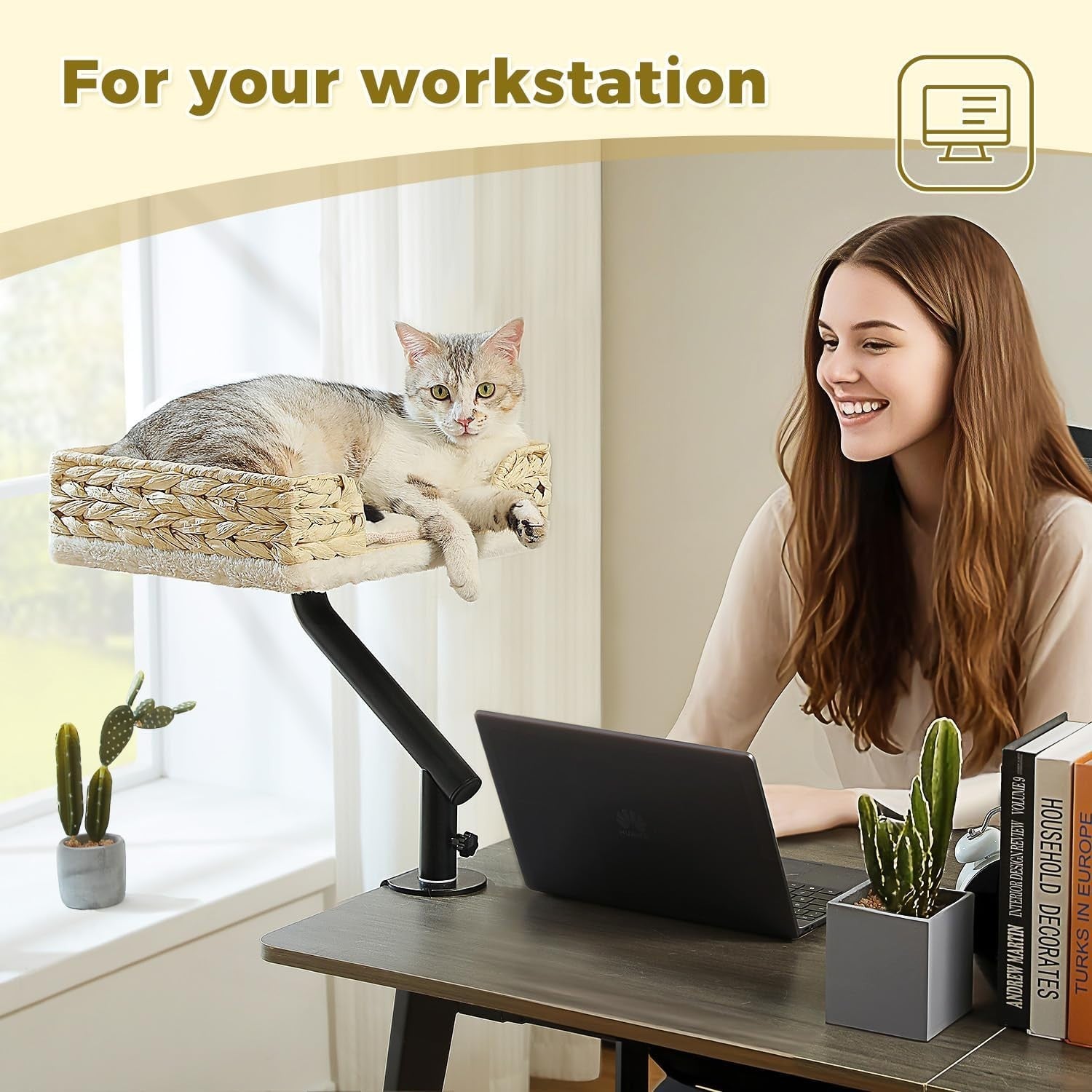 Rotating Desk Cat Bed Wicker Cat Hammock Plush Desktop Cat Perch