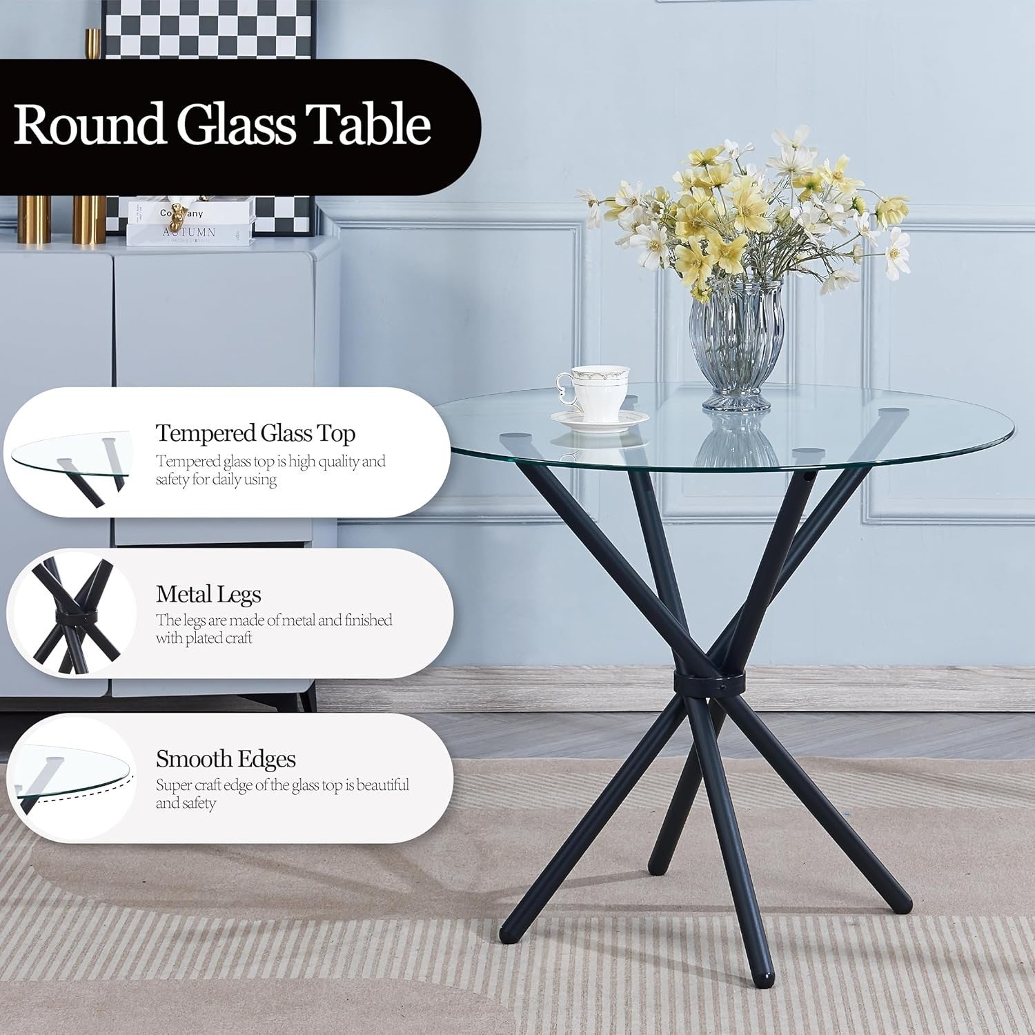 Contemporary 5-Piece Round Glass Dining Table with 4 Grey Chairs