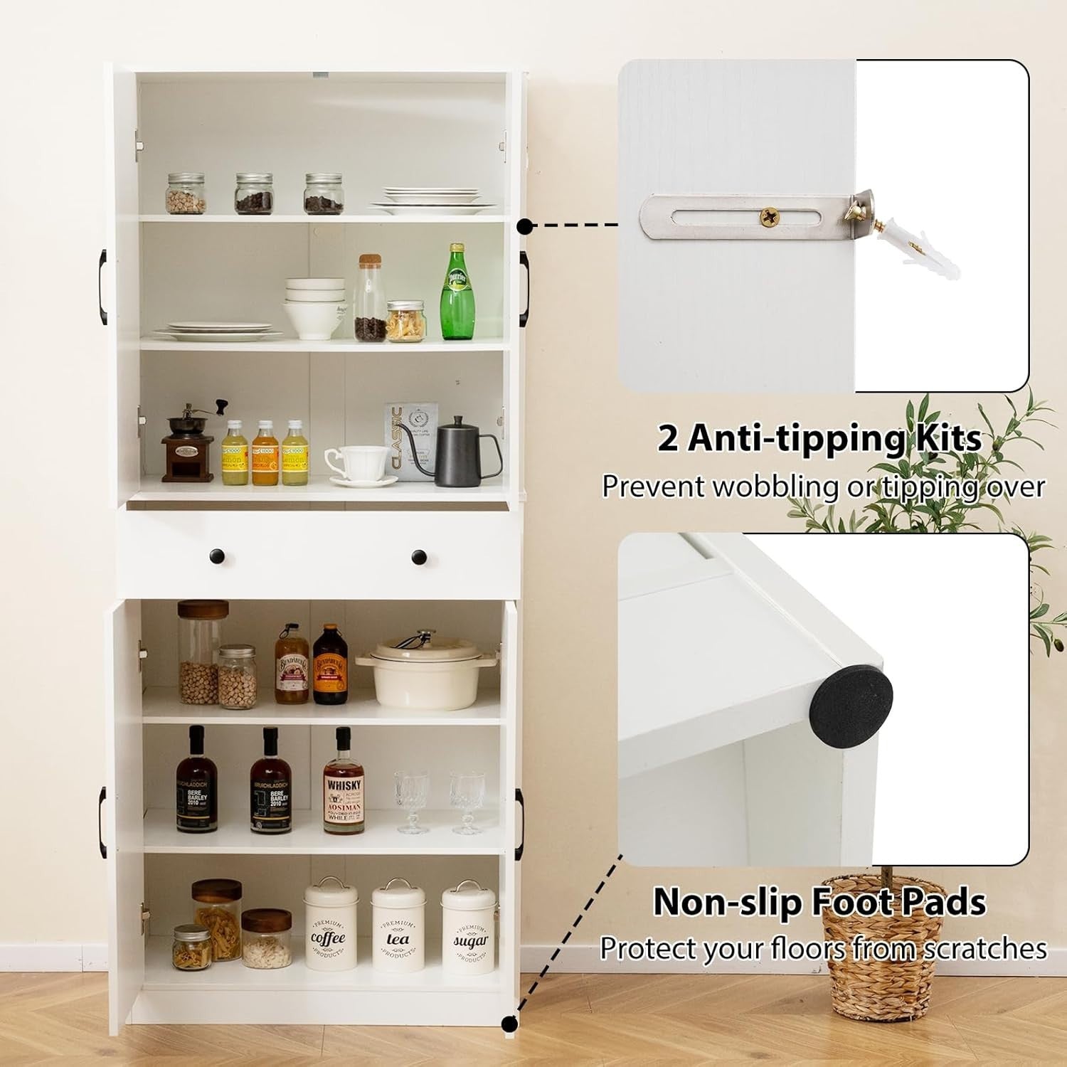 Tall Kitchen Cupboard White 4-Door Buffet Pantry Cabinet Drawer