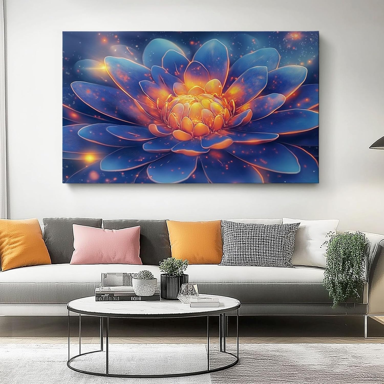 Extra Large Blue Orange Lotus Canvas Wall Art 100x50cm