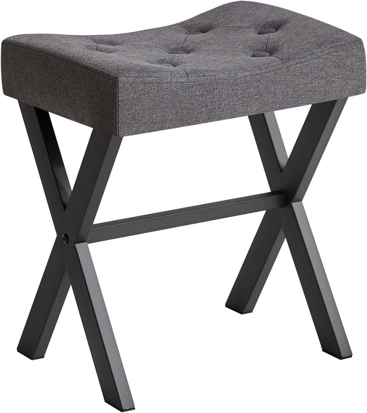 Dark Gray U-Shaped Vanity Stool with X-Leg – Linen Makeup Ottoman Seat