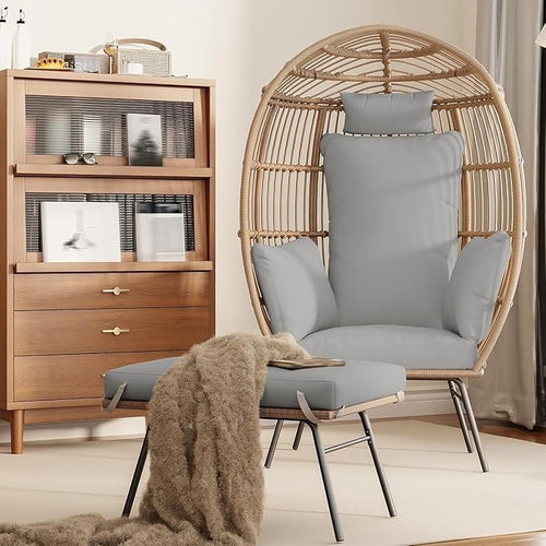 Luxury Rattan Egg Chair with Ottoman Outdoor Indoor Garden Seat Grey Cushion