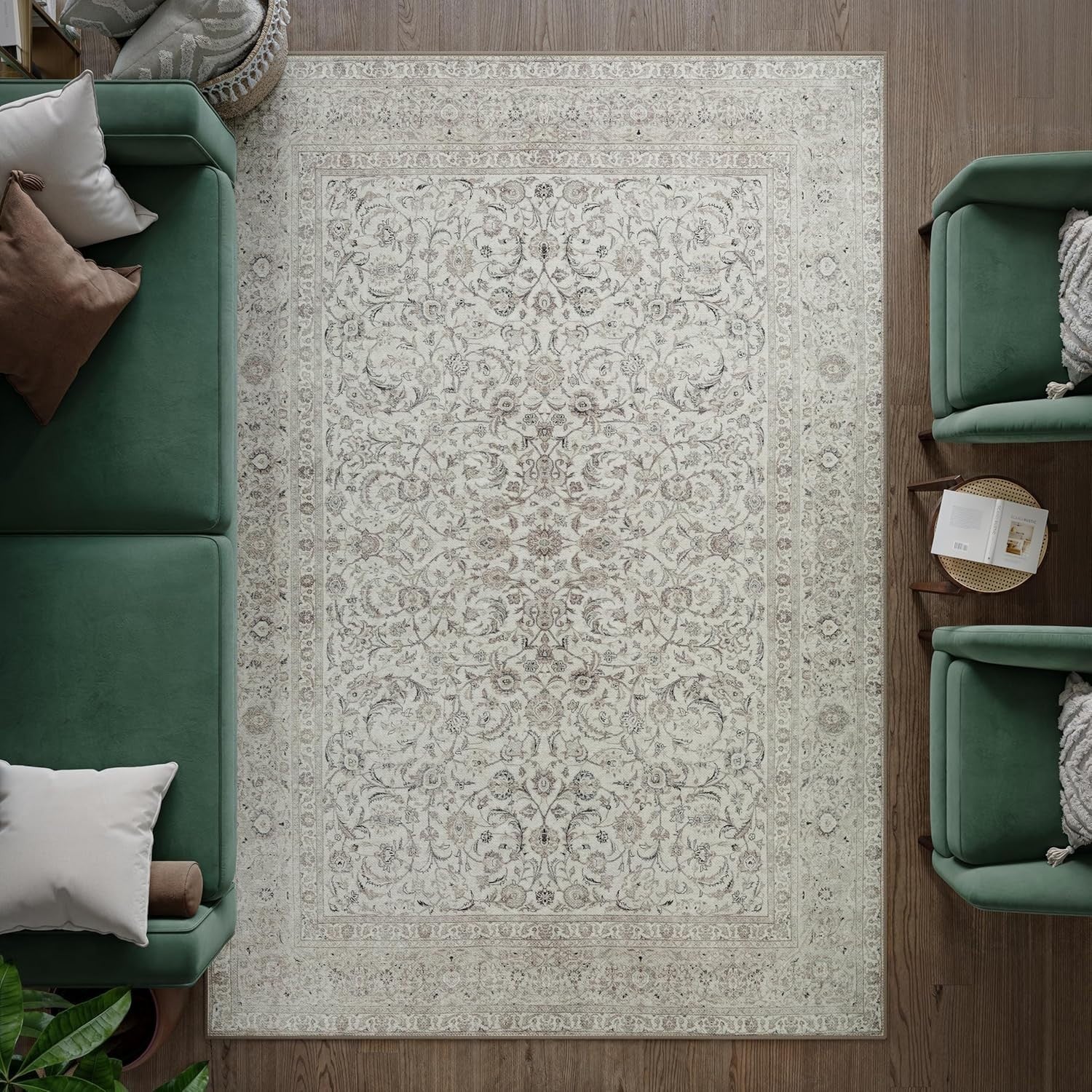 Washable Rug 200x290cm Non-Slip Soft Vintage Cream Area Carpet Living Room Bed
