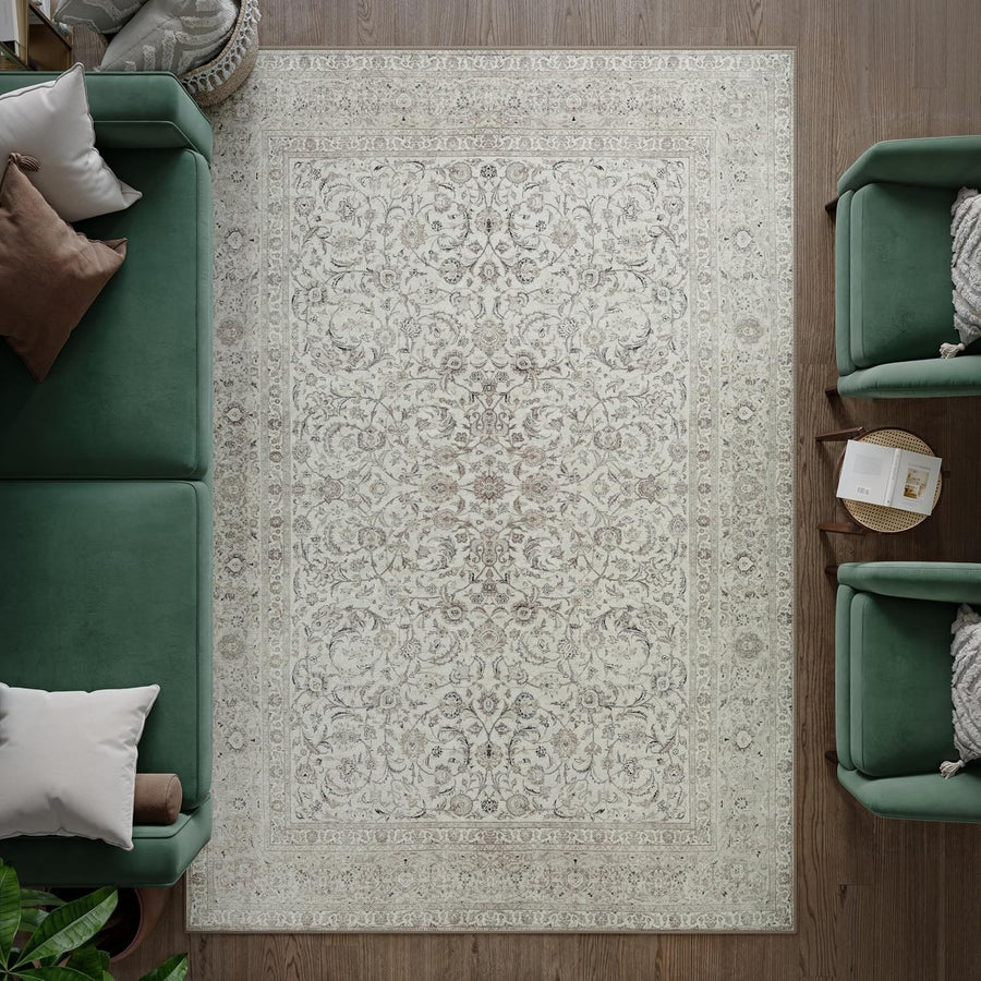 Washable Rug 200x290cm Non-Slip Soft Vintage Cream Area Carpet Living Room Bed
