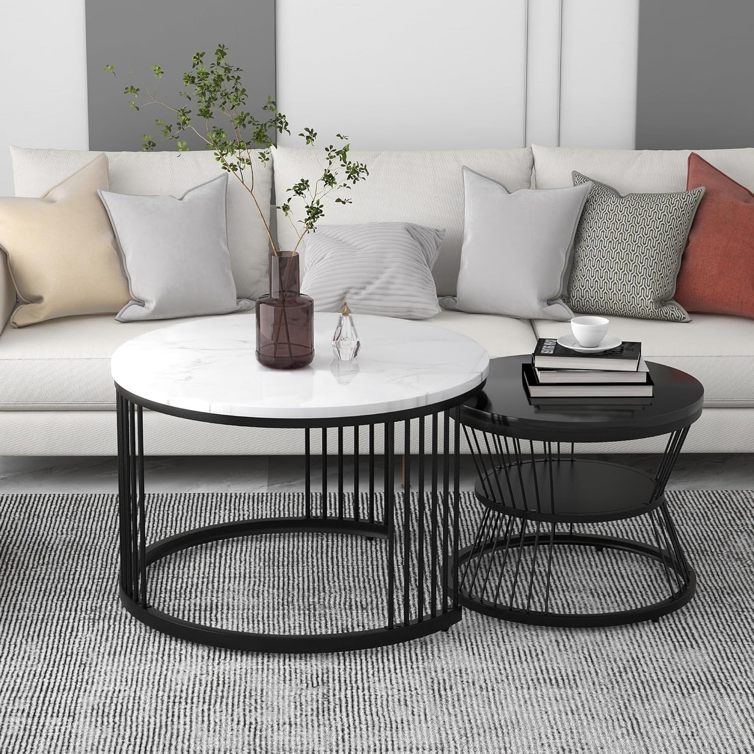 Nesting Coffee Tables Set of 2 Round Metal Frame Nightstand Black & White