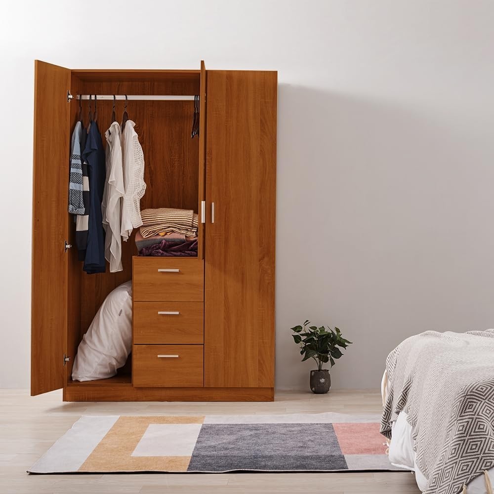 Large Oak Effect 3-Door Wardrobe with 3 Drawers & Hanging Rail Storage