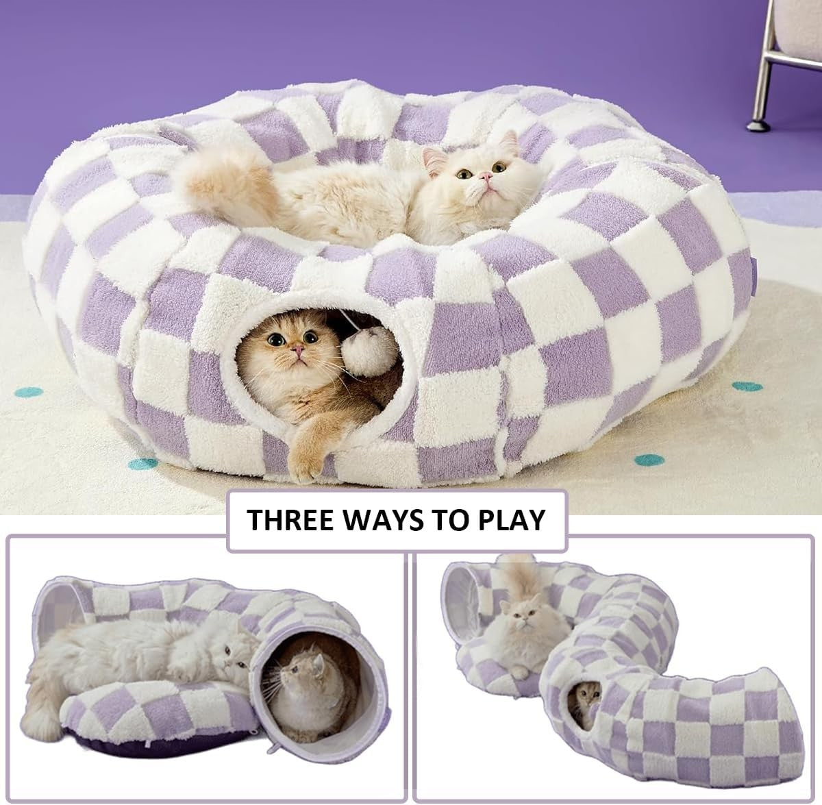Cat Donut Tunnel Bed 2 in 1 Play Tunnel w Washable Cushion Purple