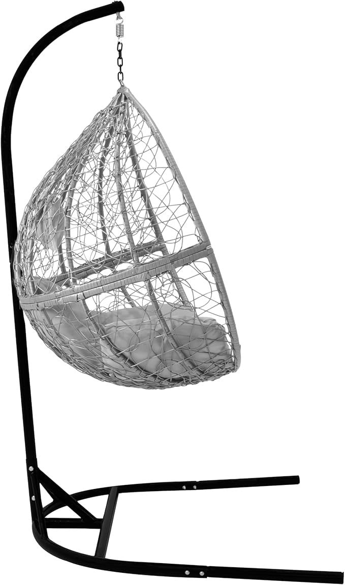 Hanging Egg Chair Grey Rattan Swing Seat w/ Cushions Indoor Outdoor Garden
