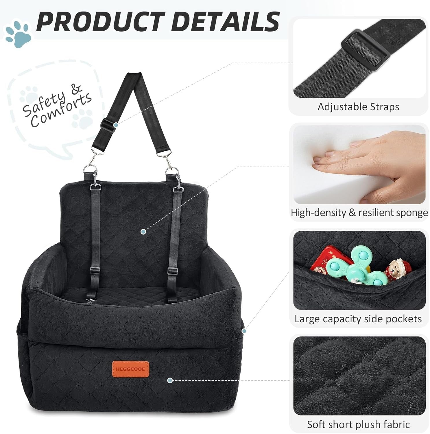 Memory Foam Dog Car Seat Booster Bed Washable Travel Seat Black