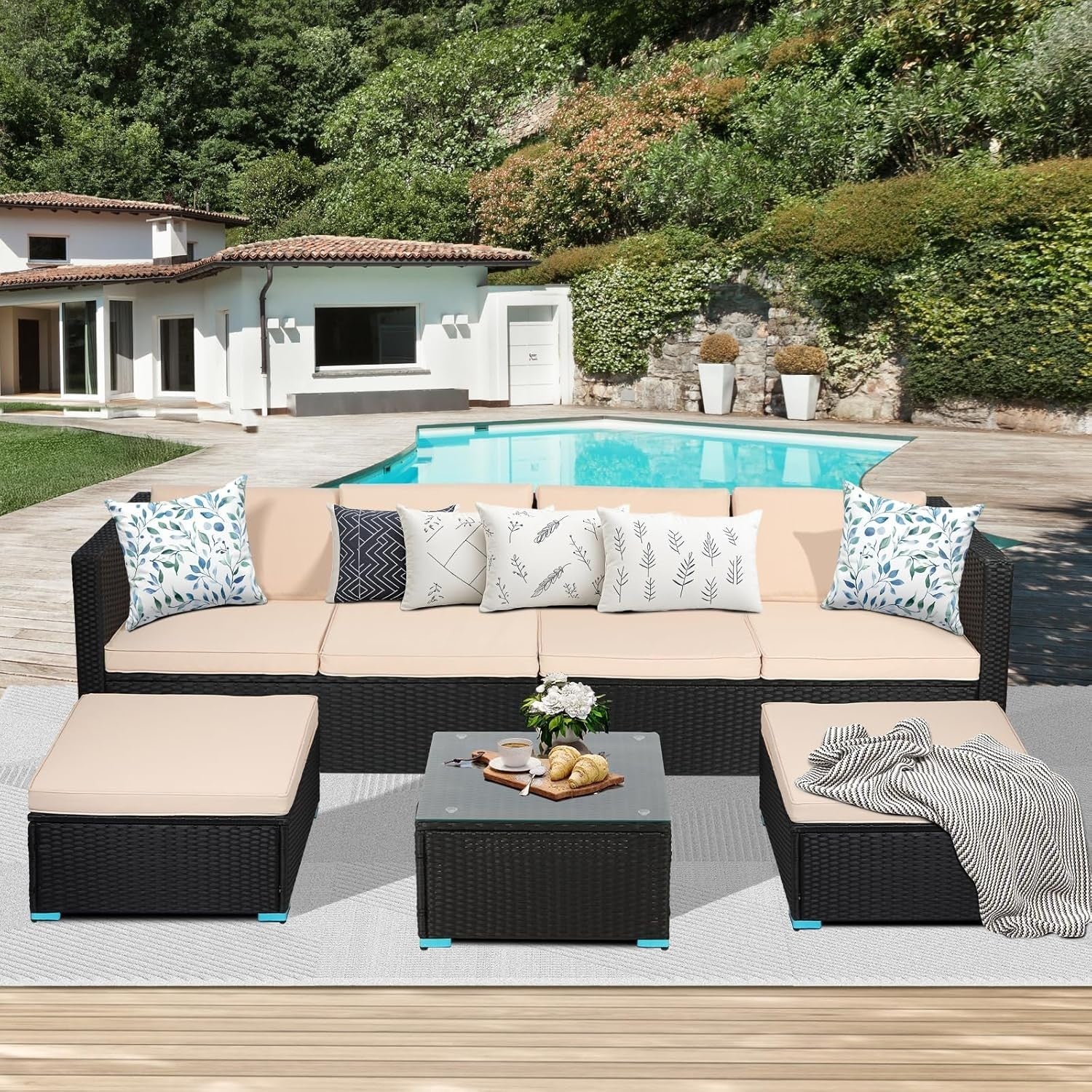 6 Seater Rattan Garden Sofa Set | Modular Outdoor Patio Lounge with Table