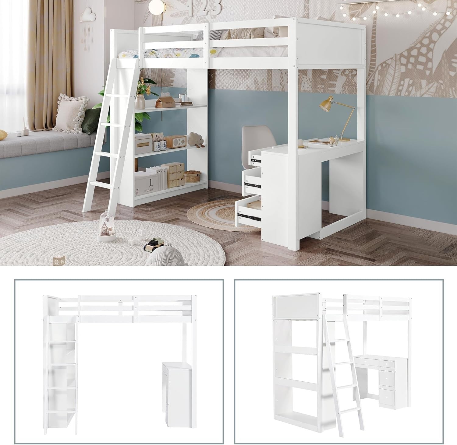 Loft Bunk Bed with Desk, 4 Drawers & Shelves, Kids 3FT White 90x190cm Bed