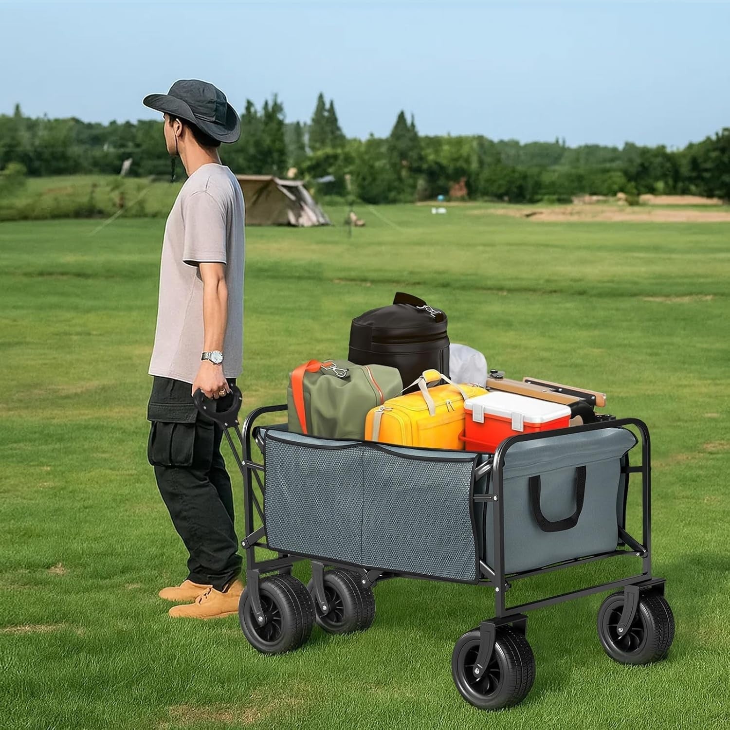 Heavy Duty Camping Trolley Foldable Wagon 100L All-Terrain Wheels & Brakes Grey