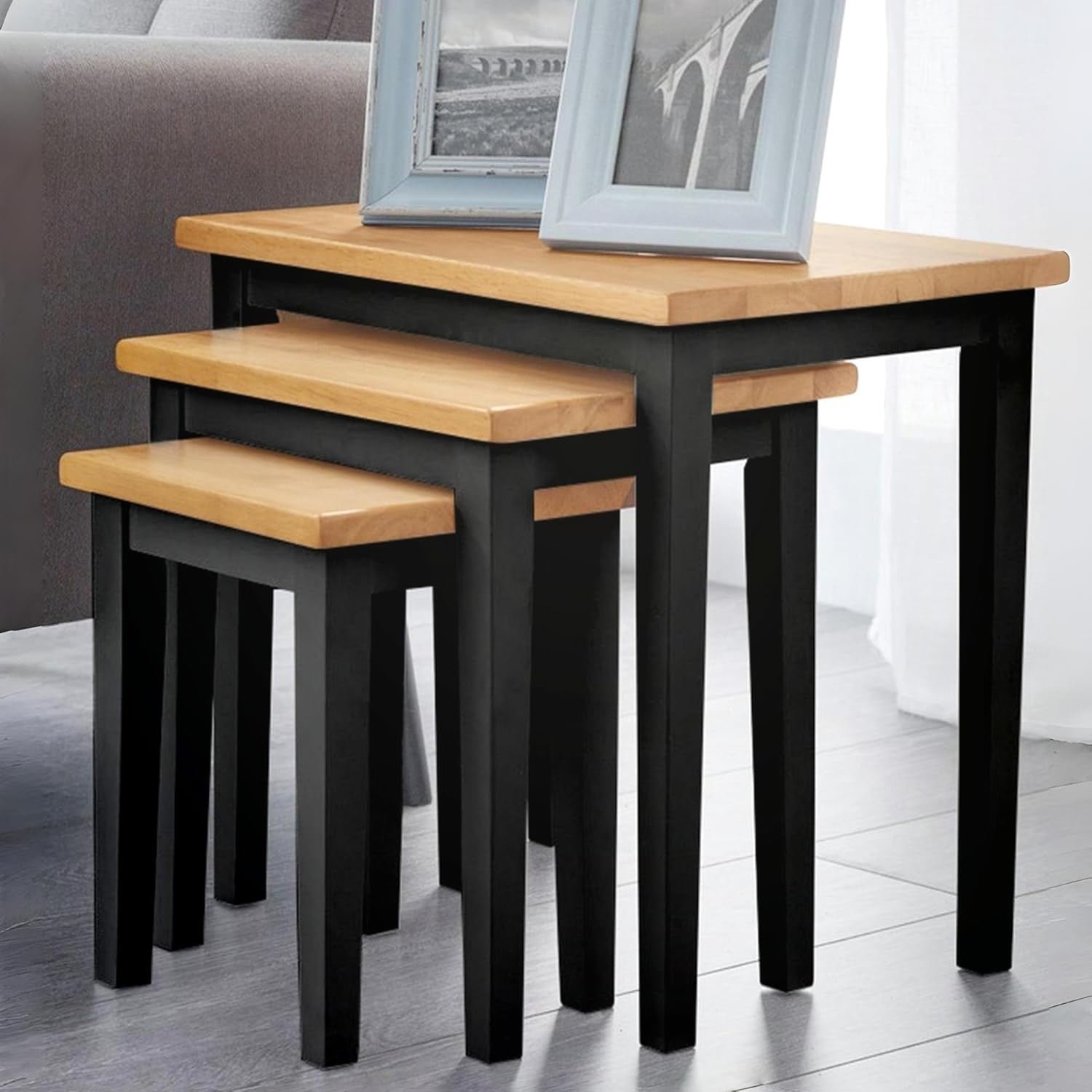 Nesting Tables Set of 3 Black & Oak Wood Mid-Century Modern Side End Coffee