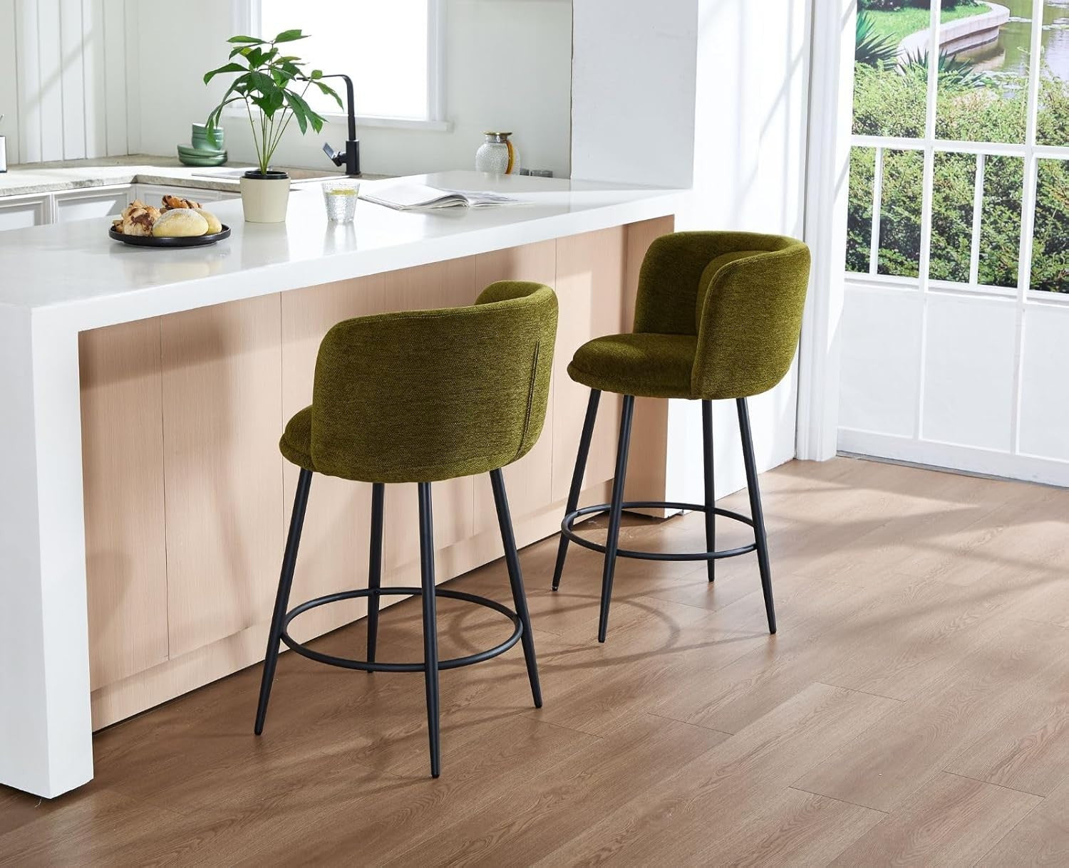 Counter Bar Stools Set of 2 | Green Chenille L-Shaped Dining Chairs