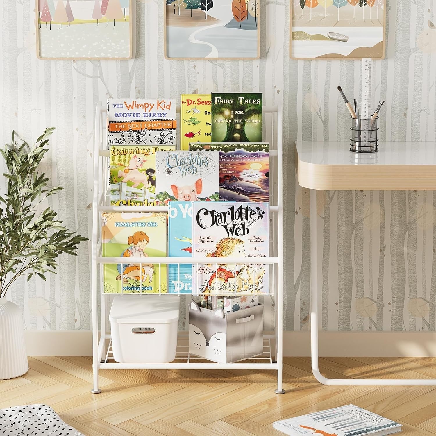 Kids Leaning Bookshelf & Toy Storage Rack – Durable Metal, Space Saving, White