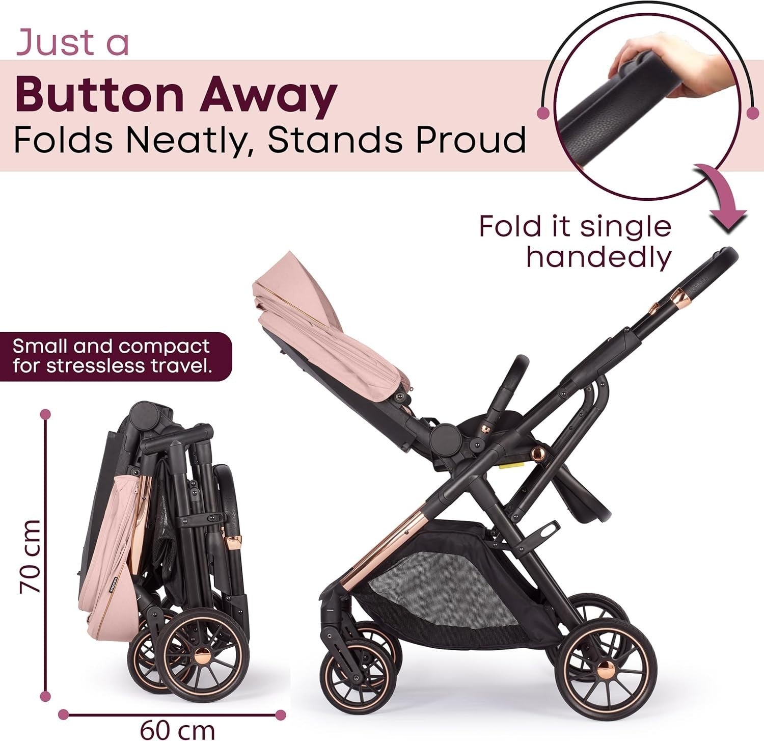Baby Pushchair Reclining Seat Smooth Suspension Compact Stroller Pink