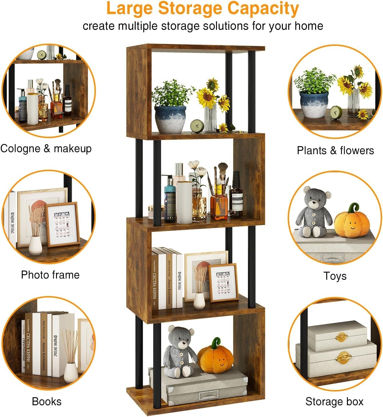 5 Tier S Shaped Bookcase Rustic Brown Modern Wood Display Storage Shelf 155cm