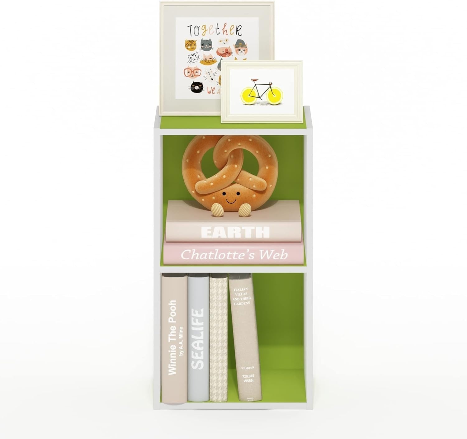2Tier Green Wooden Bookcase Small Storage Shelf Compact Organizer Open Bookshelf