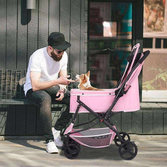 Pink Pet Stroller Foldable Dog Cat Pram 360° Wheels Lightweight Travel Buggy