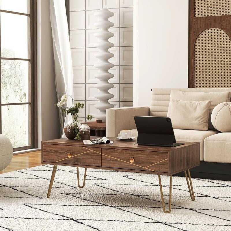 Modern Coffee Table with Storage Drawers & Gold Legs – 100cm, Brown