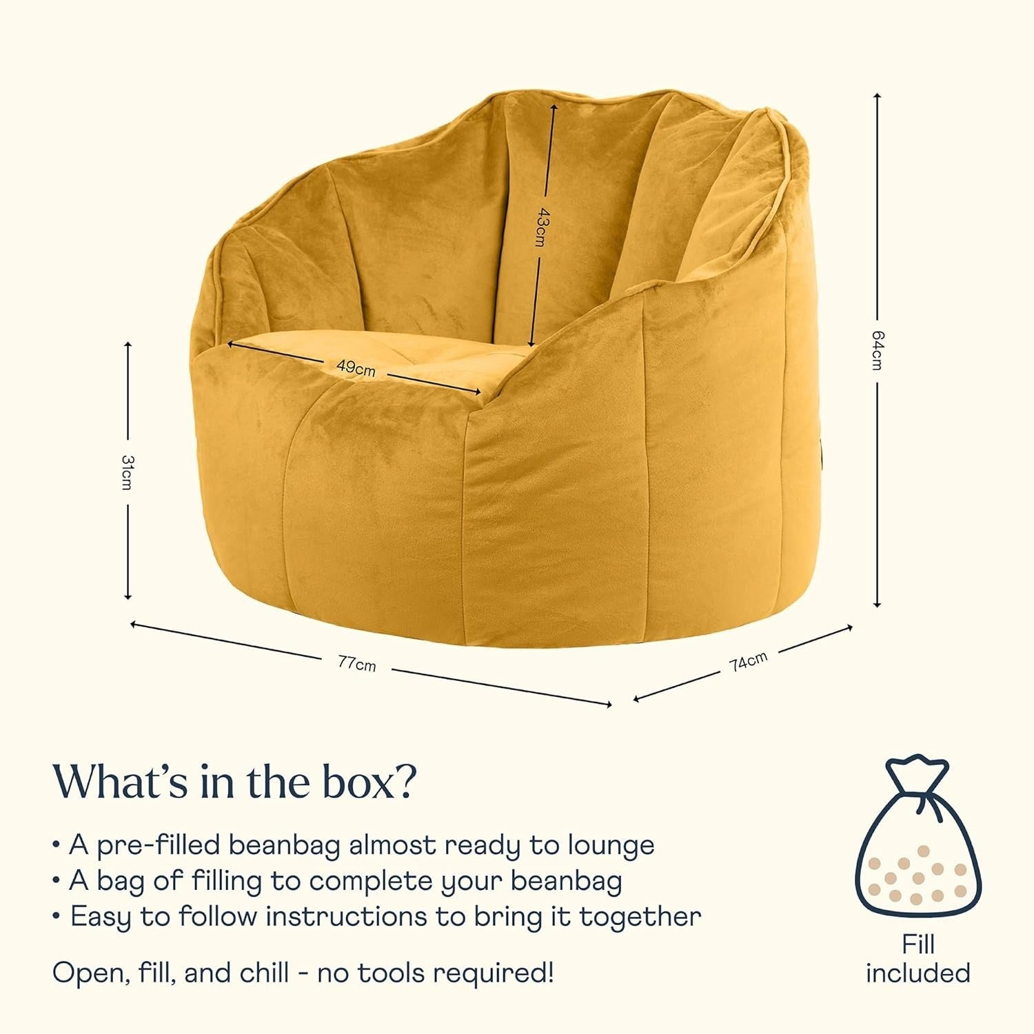 Large Velvet Bean Bag Chair Adult Seat Ochre Yellow Home Lounge Comfort