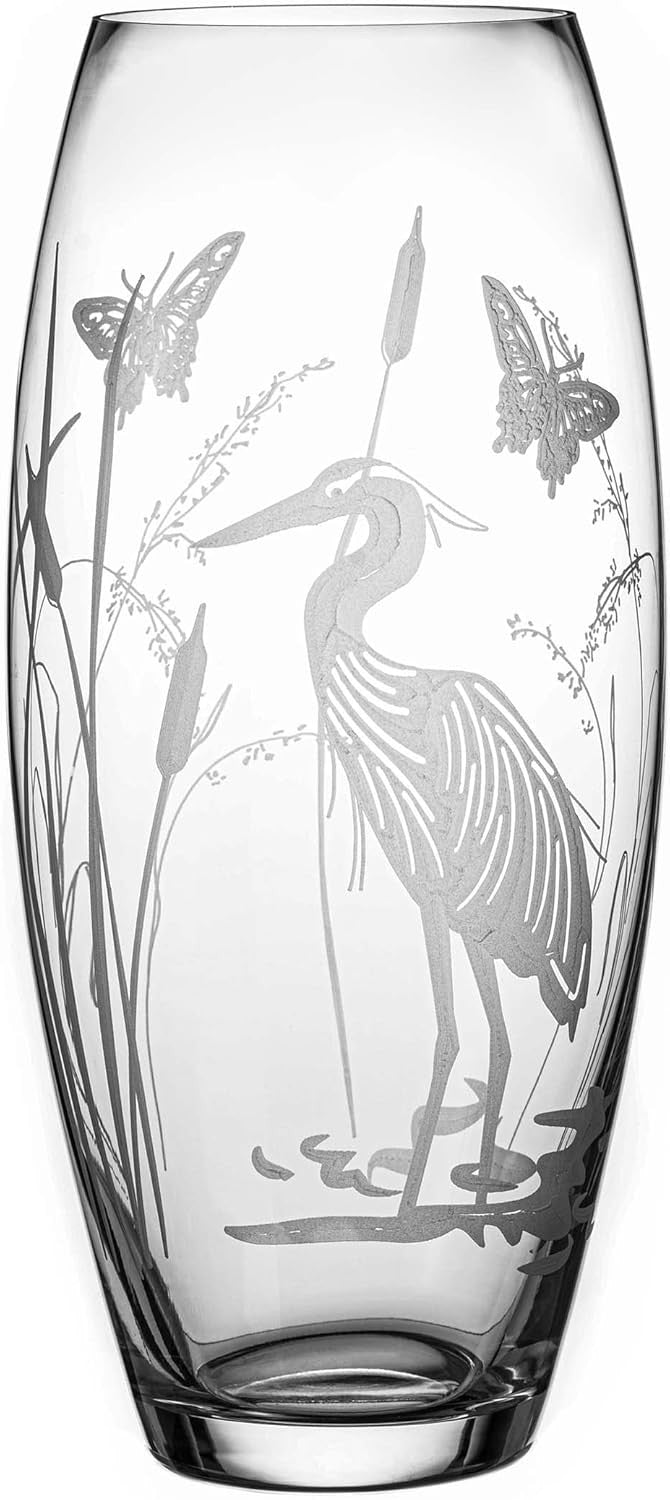 Crystal Glass Flower Vase 30cm Tall Etched Heron Bird Home Décor Gift