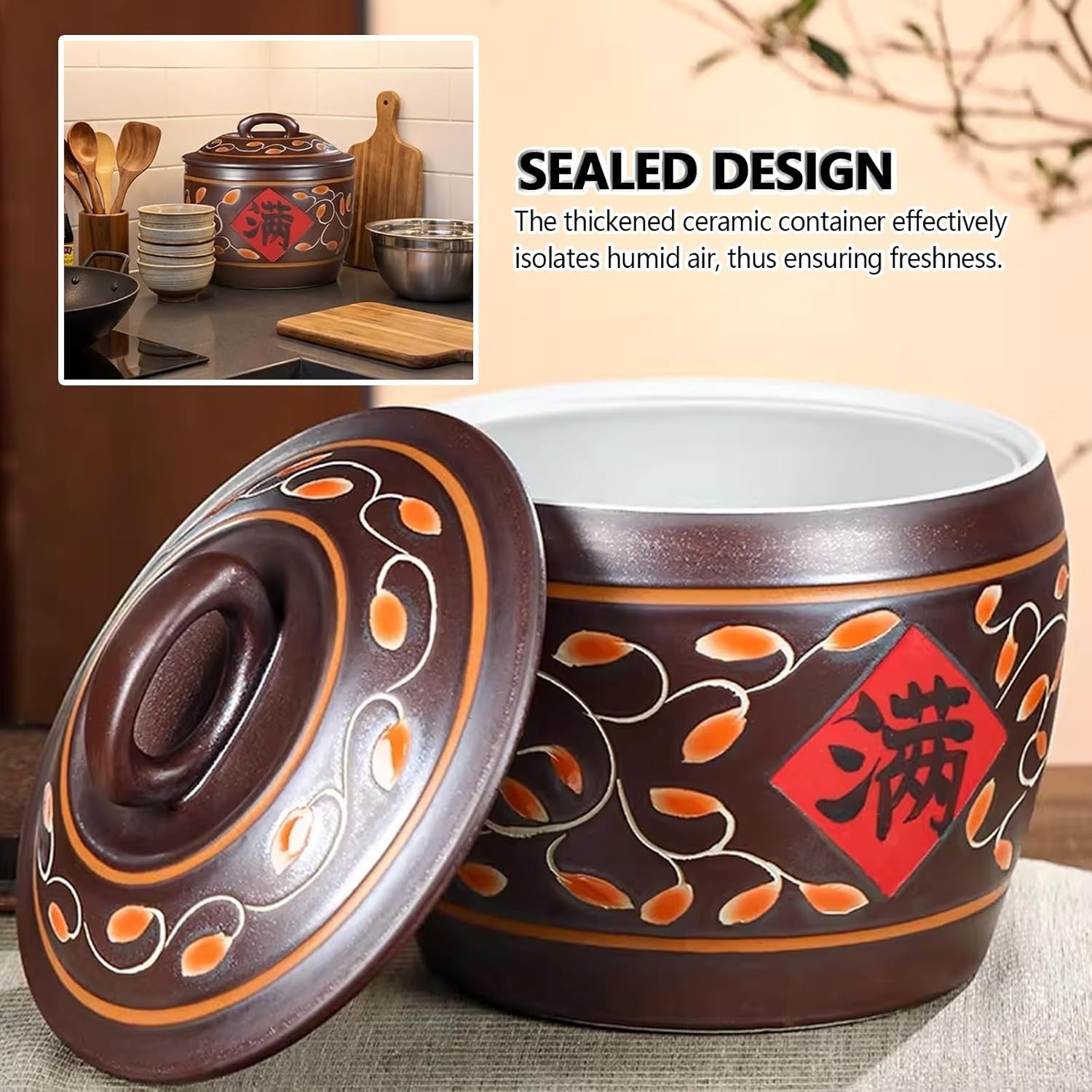 10KG Ceramic Rice Storage Jar Airtight Grain Food Container with Lid