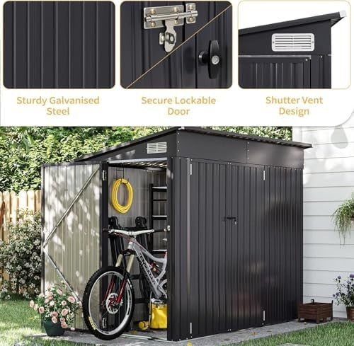 Aoxun 8x4ft Metal Garden Shed Black Pent Roof Outdoor Storage Bike Shed