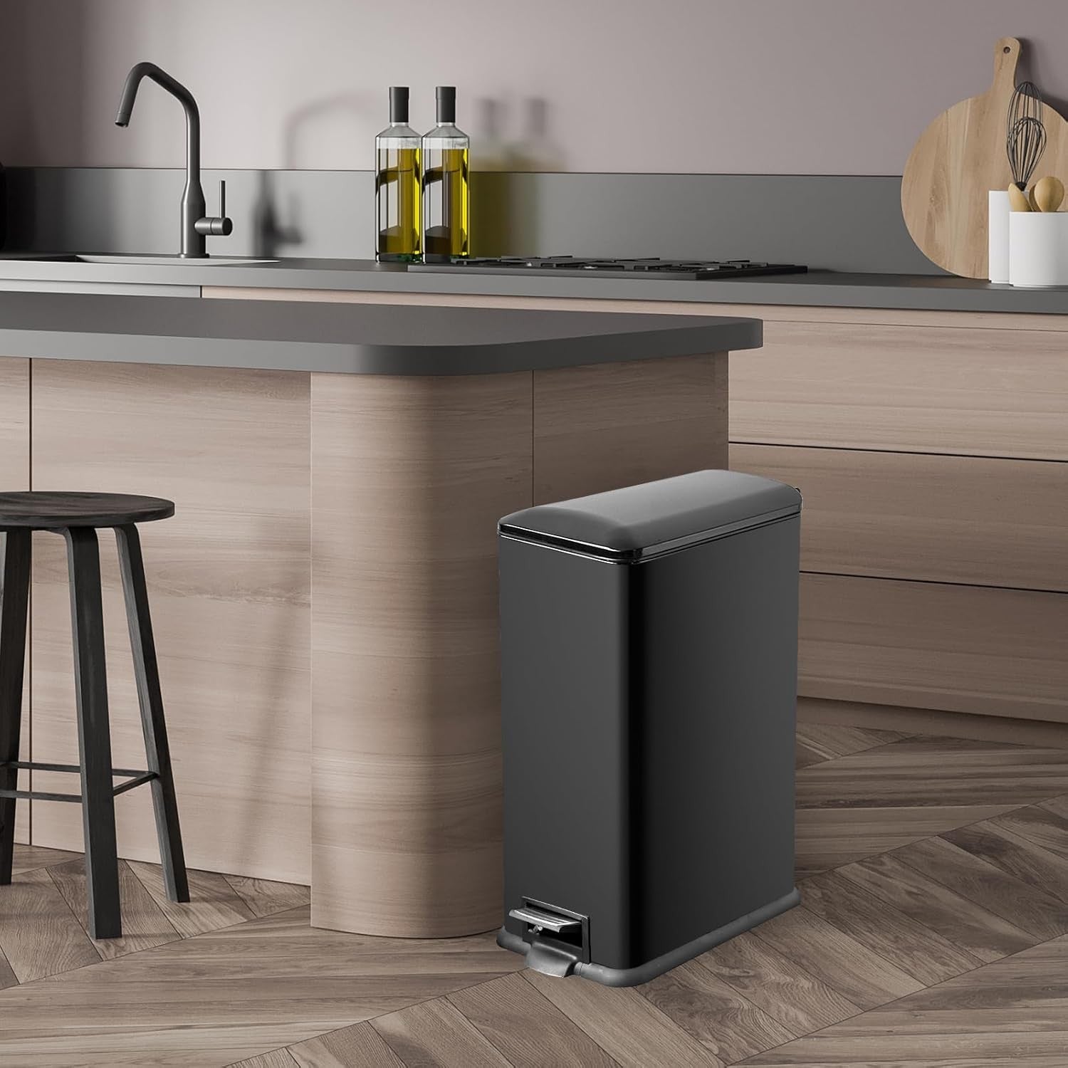 45L Black Stainless Steel Pedal Bin Slim Kitchen Soft Close Lid