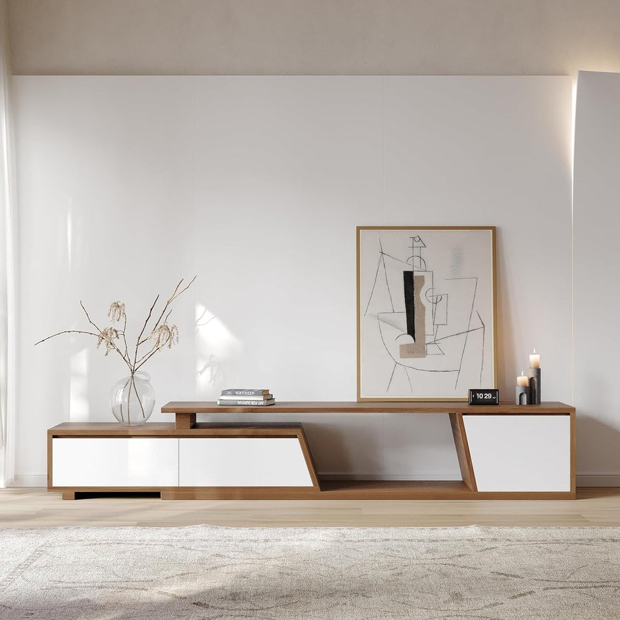 Extendable TV Stand White & Walnut Modern Entertainment Console up to 110"