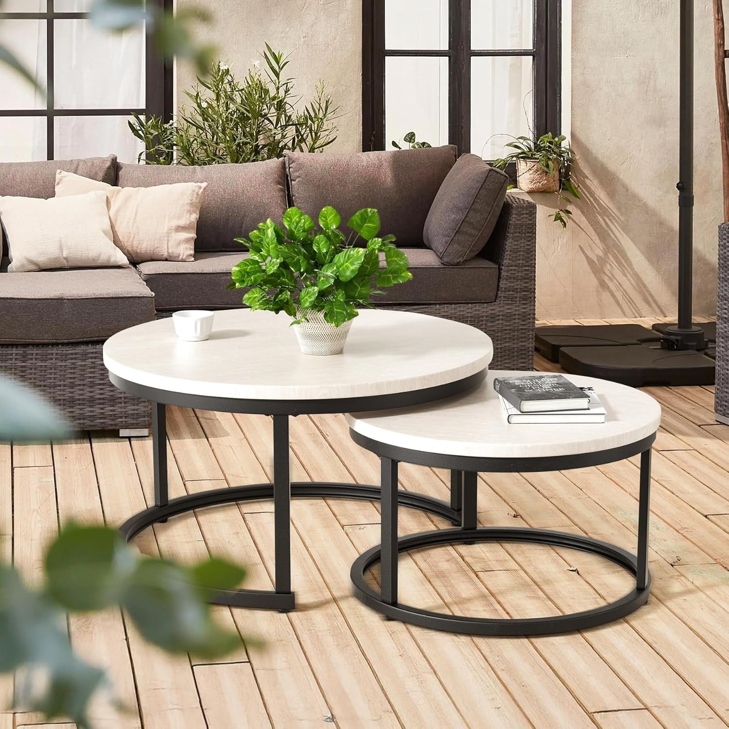 Nesting Coffee Table Set 2 Round Wood Metal Frame White Modern Industrial