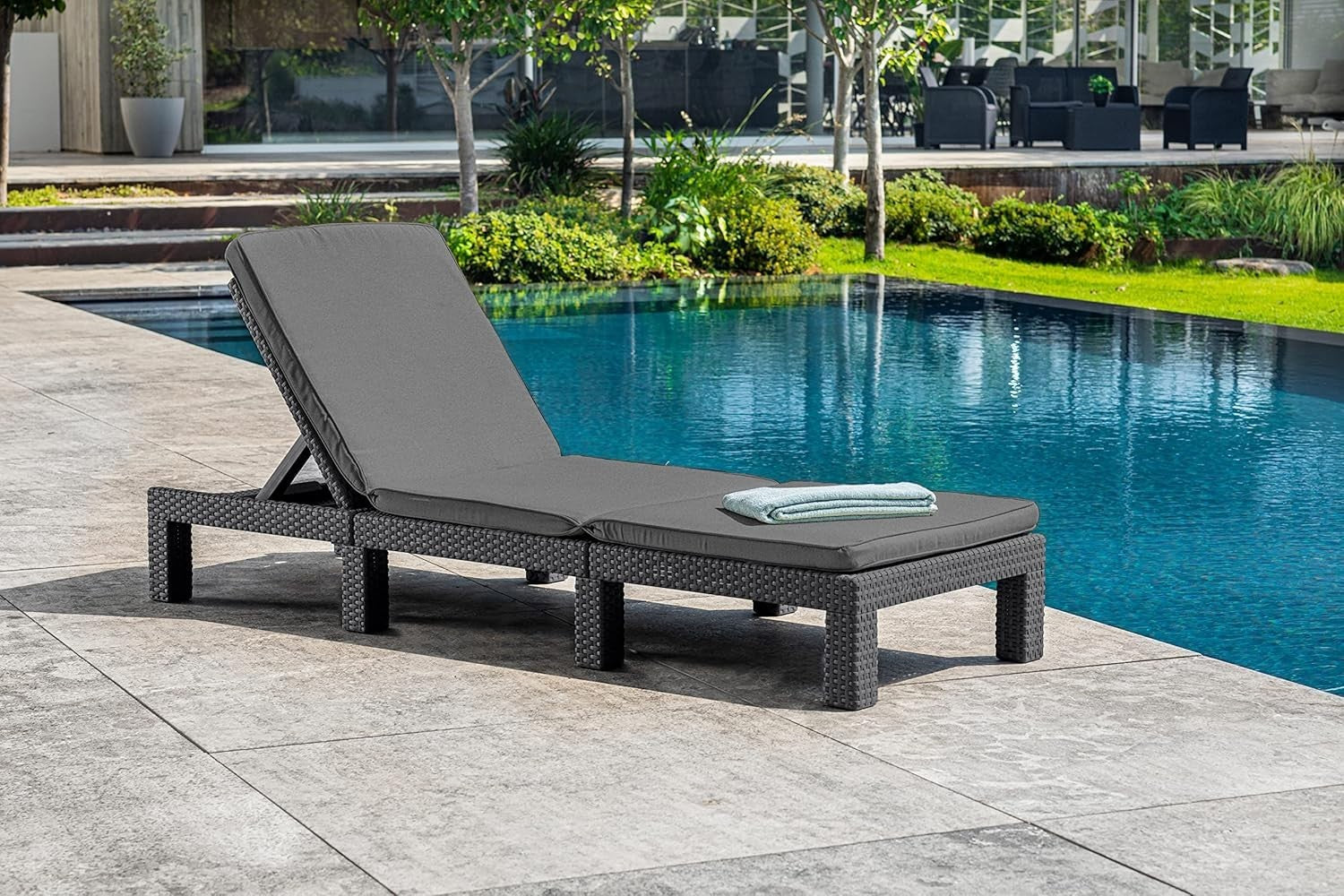 Graphite Rattan Garden Sun Lounger w/ Grey Cushions – 4 Position Recliner
