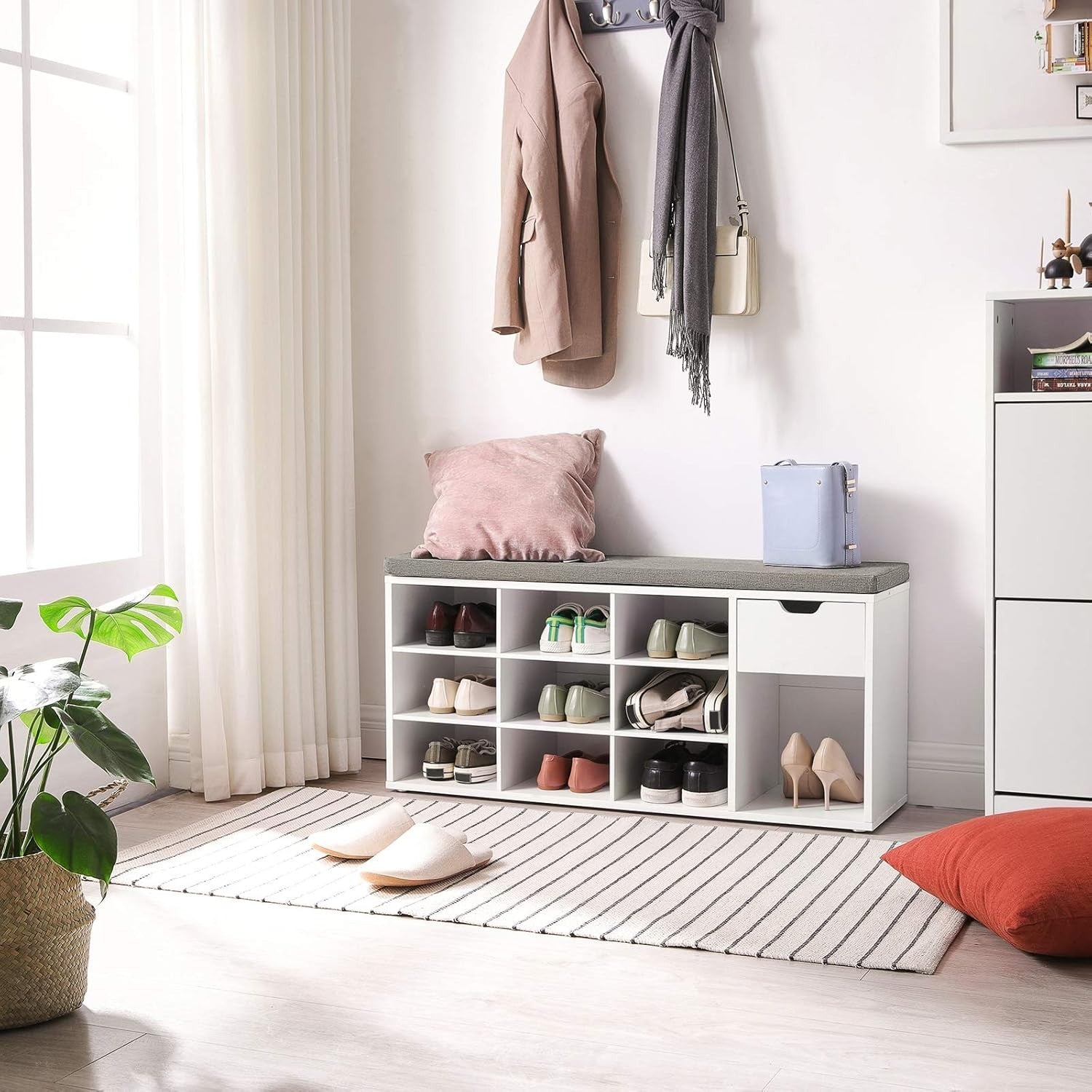 Shoe Storage Bench with Cushion, Drawer & Open Compartments White/Grey