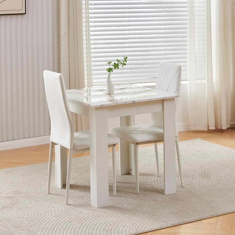 3 Piece Dining Table Set Marble Top & 2 Velvet Chairs for Small Spaces