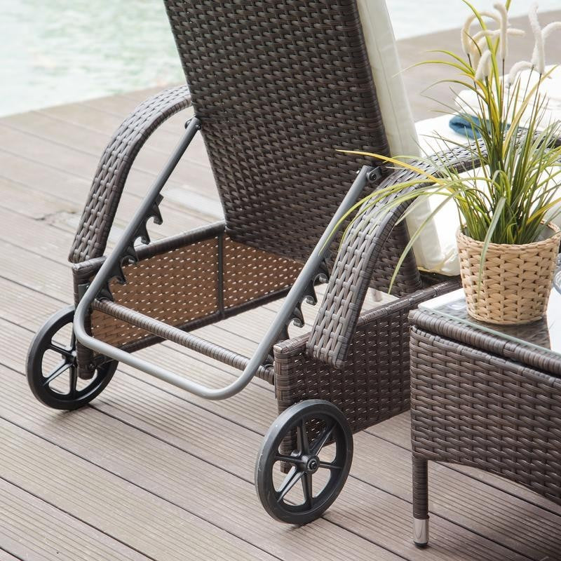3Pc Rattan Recliner Lounger Set w/ Table Cushions Wheels Garden Patio