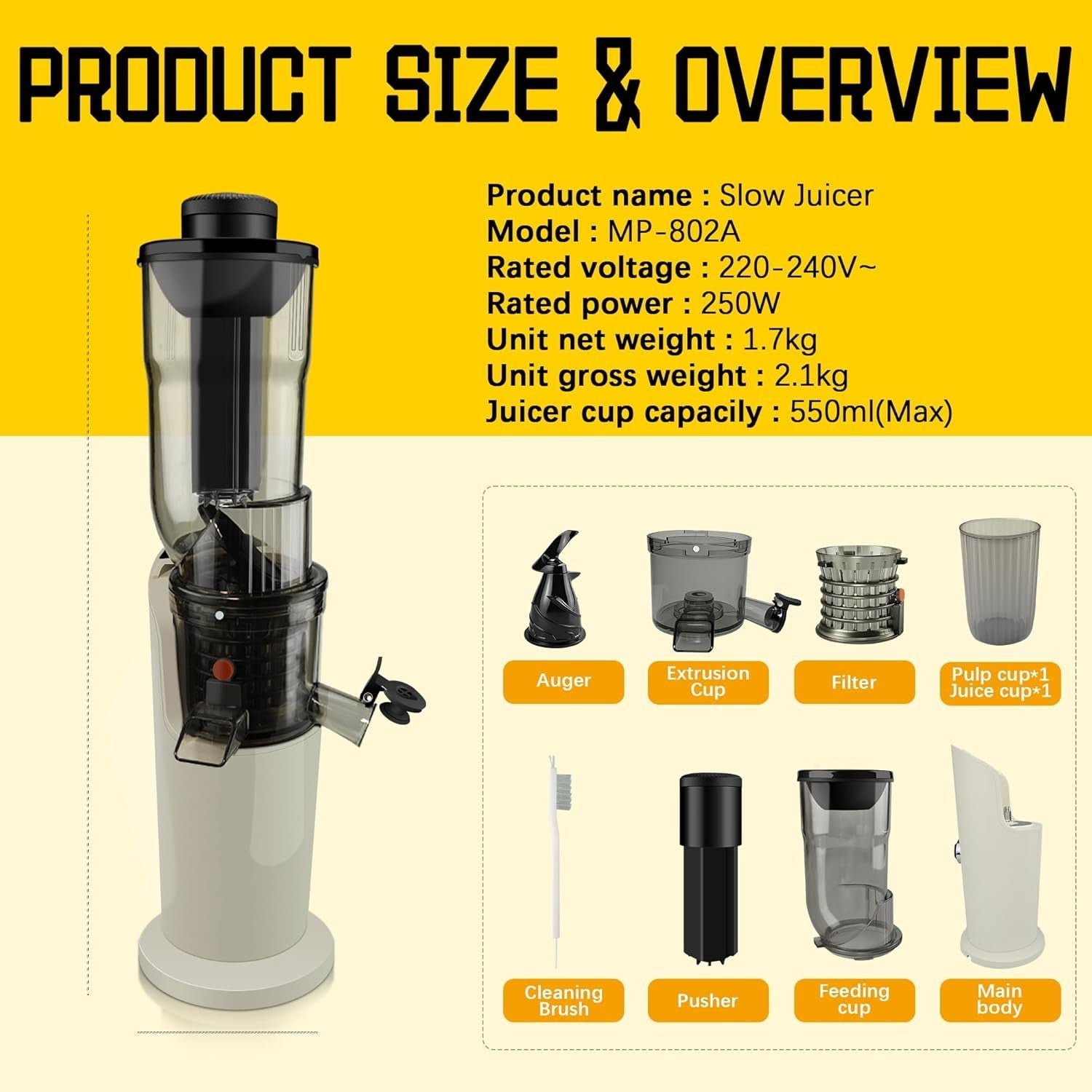 Cold Press Juicer Slow Masticating High Juice Yield Easy Clean Quiet