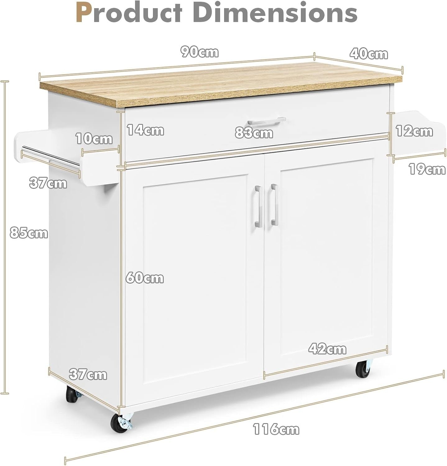 Rolling Kitchen Island Cart with Large Cabinet, Drawer & Wood Top