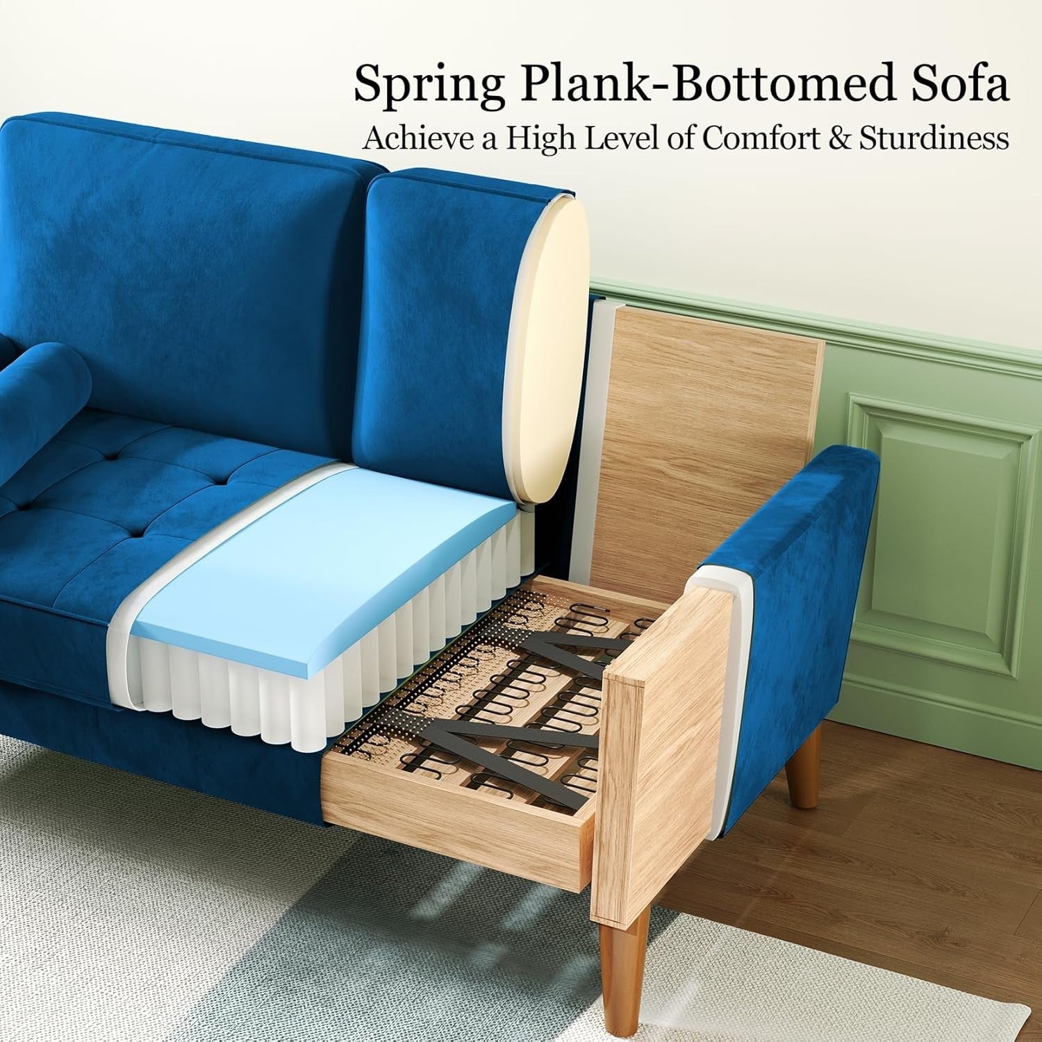 Blue Velvet 2 Seater Sofa Small Space Comfy Couch Wood Legs Living Room