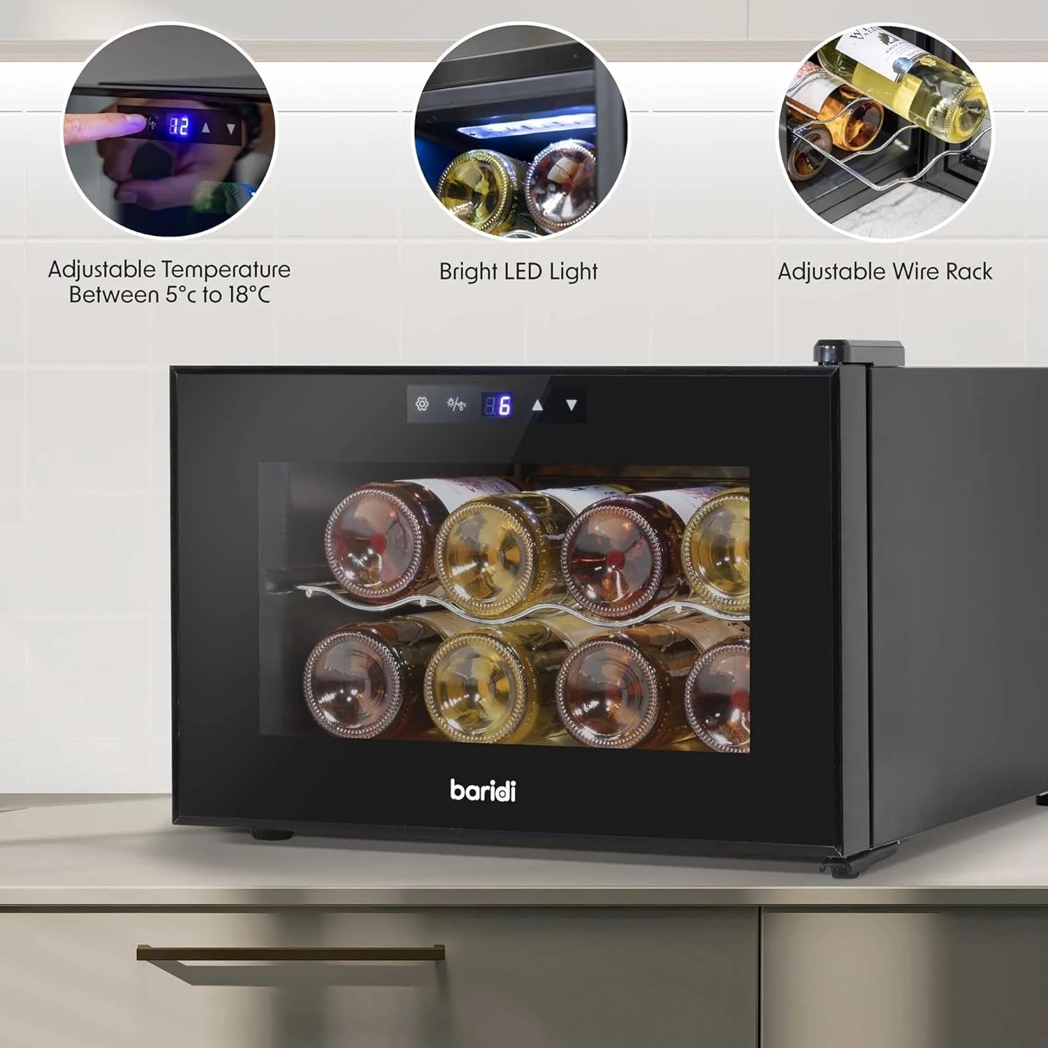8 Bottle Wine Cooler Tabletop Fridge Touch Control LED Glass Door Quiet