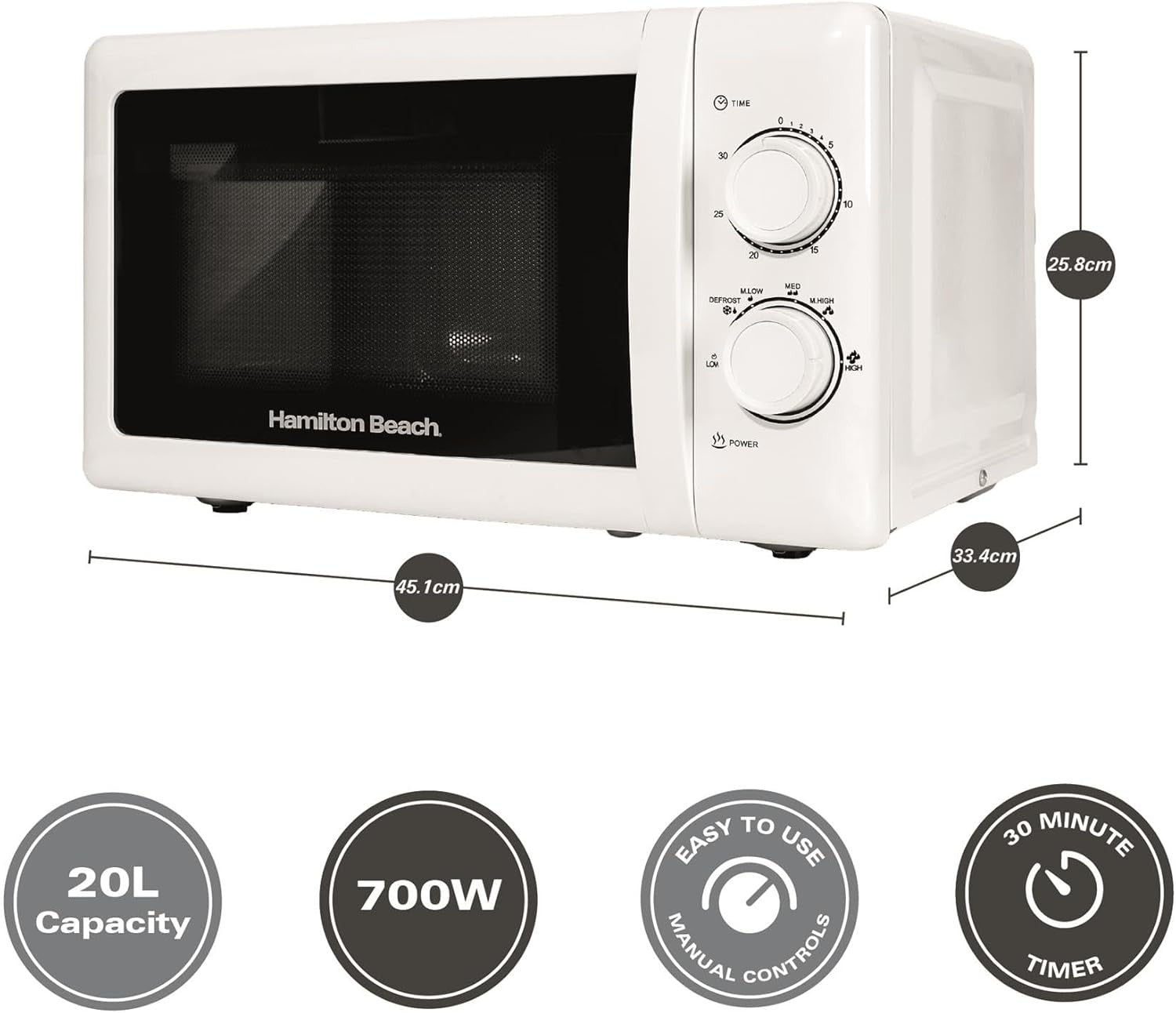 Hamilton Beach 20L Microwave 700W 5 Power Levels Manual White Stainless
