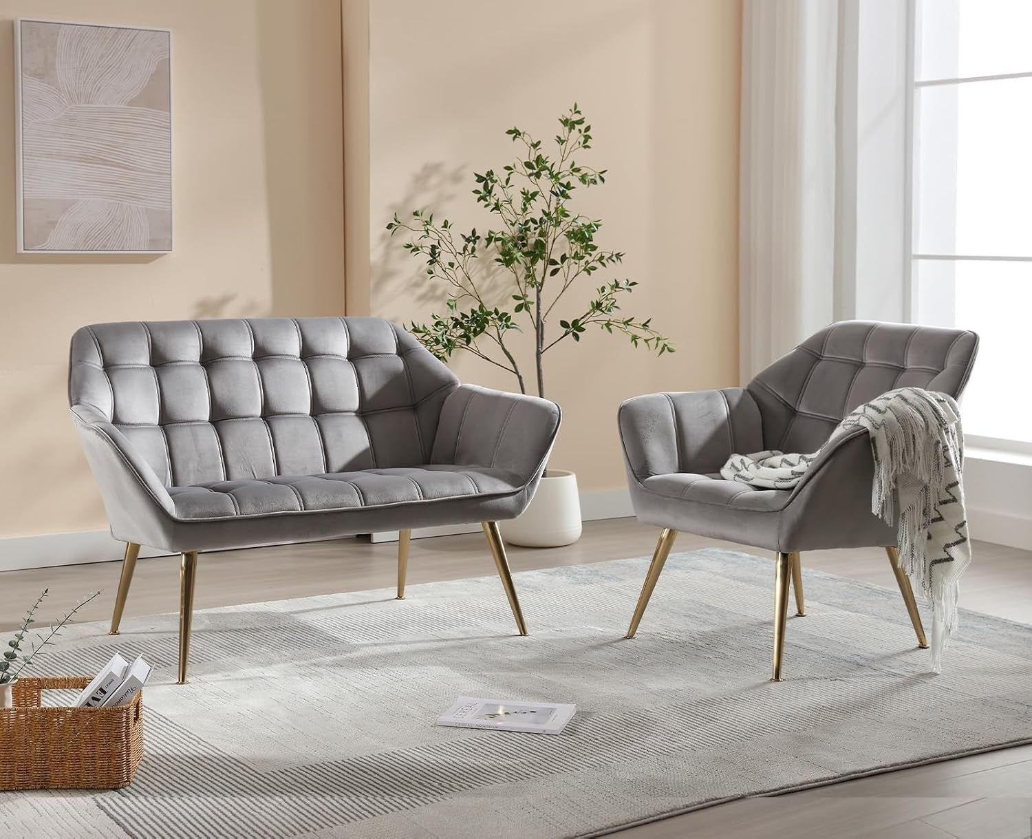 Grey Velvet Accent Armchair Gold Metal Legs Modern Lounge Chair