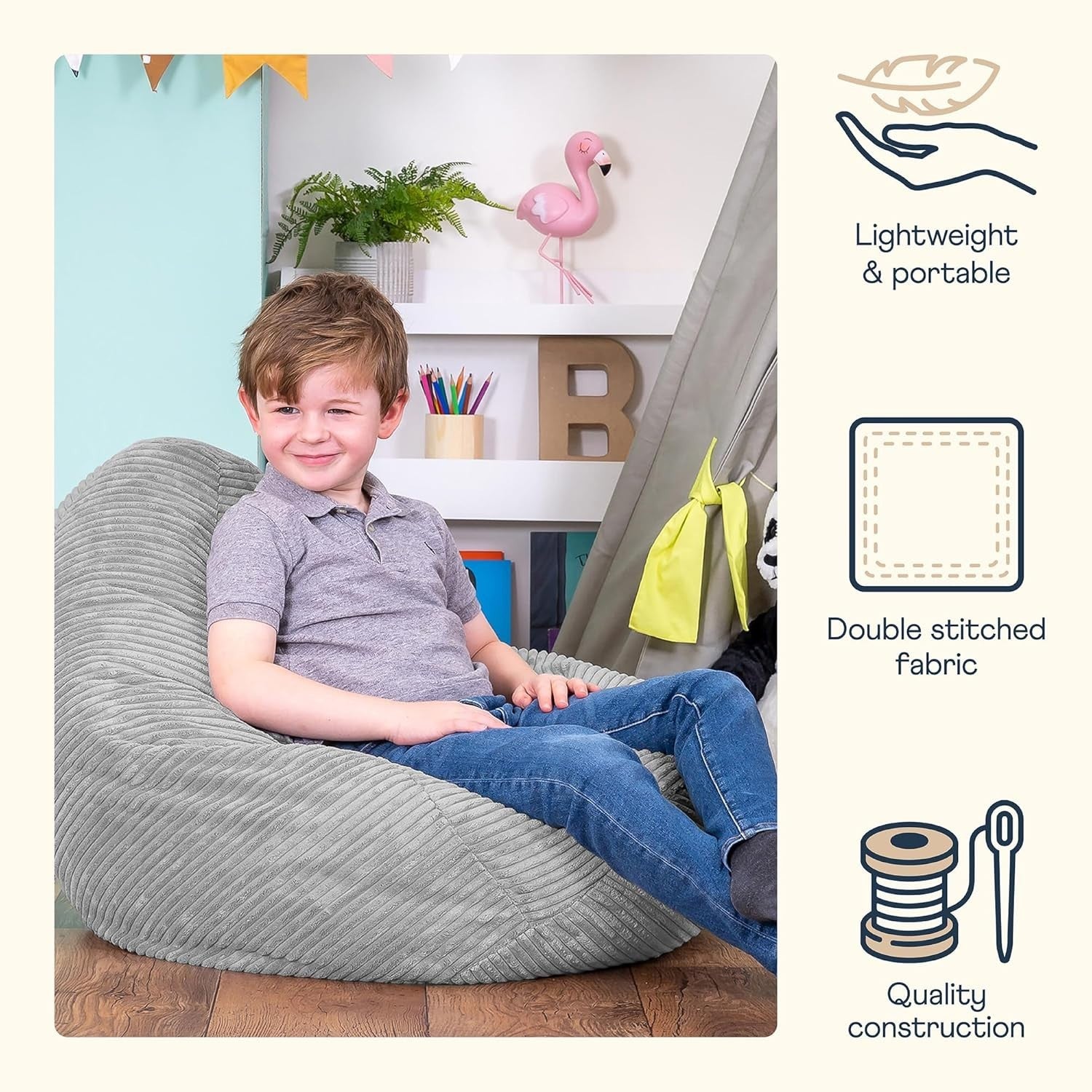 Grey Kids Bean Bag Chair Soft Cord Recliner Seat for Bedroom Lounge Playroom