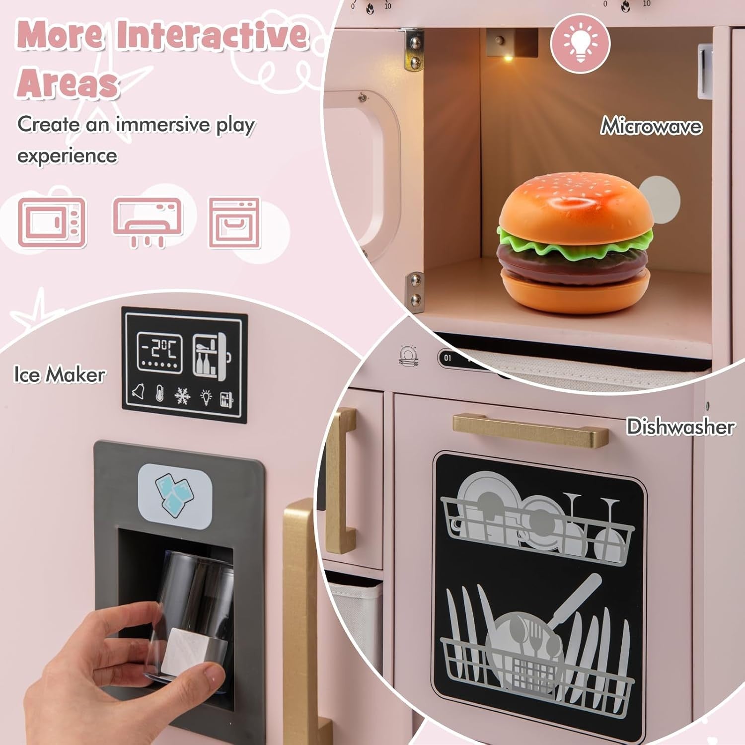 Kids Wooden Play Kitchen w/ Chalkboard Ice Maker Pink Toy
