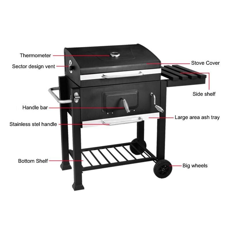 Outdoor Charcoal BBQ Grill with Wheels, Thermometer & Side Racks – 113cm