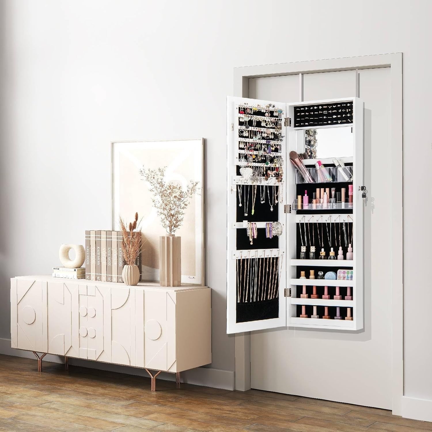White Mirrored Jewelry Cabinet Wall Mounted Lockable Slim Storage Organizer