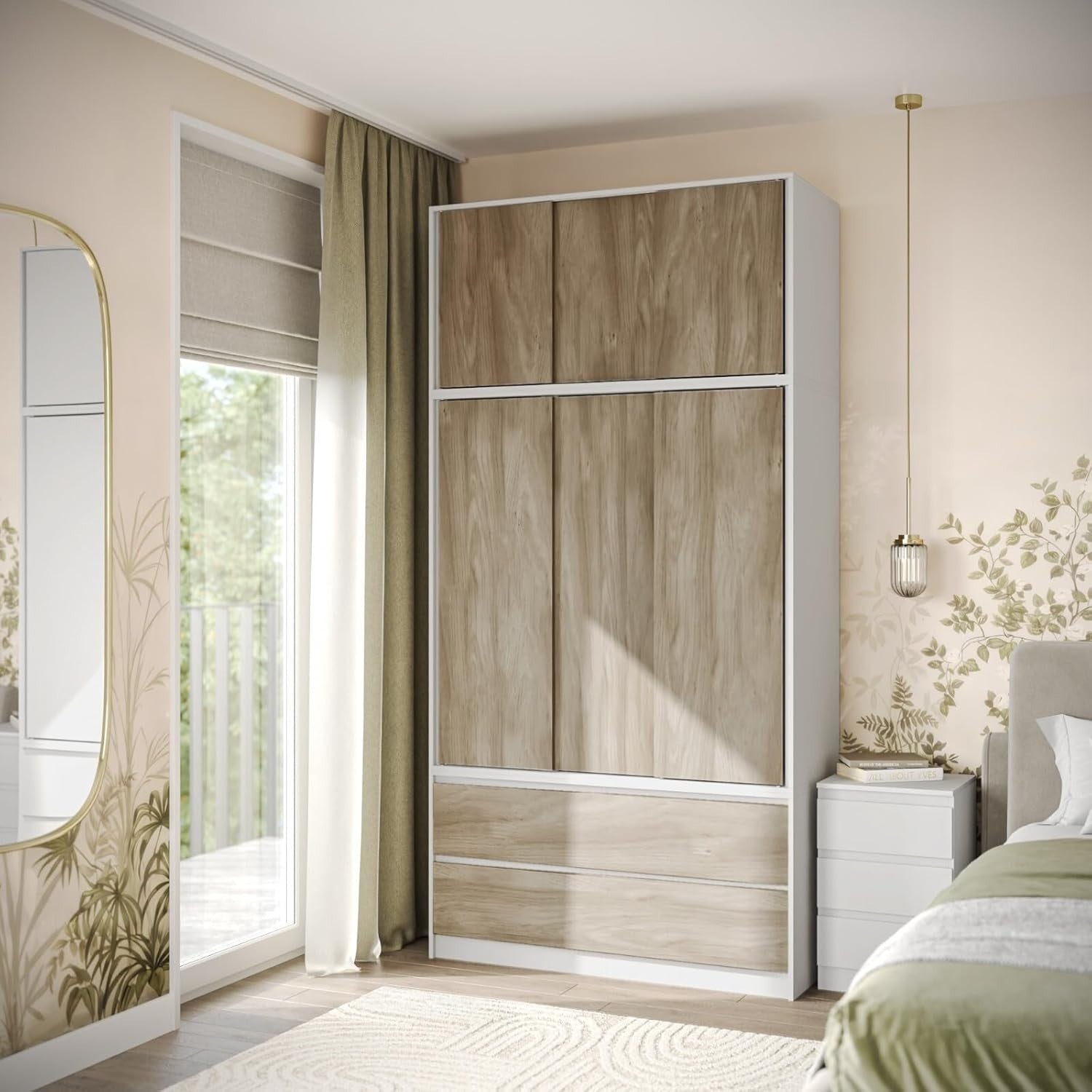 Oak Door Sliding Wardrobe 240cm 6 Doors 4 Drawers Spacious Bedroom Closet