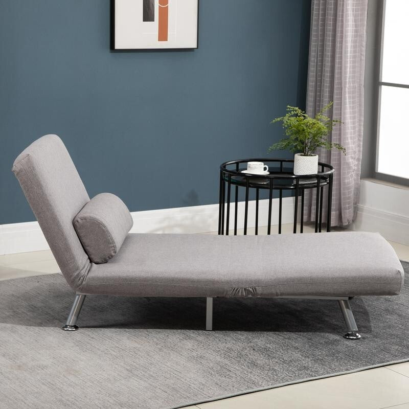 5-Position Folding Chair Bed Grey Guest Sofa Sleeper w/ Pillow & Suede Look